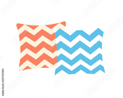 Two Chevron Patterned Throw Pillows, Coral and Blue White Zigzag Design, Isolated Vector Illustration for Home Decor