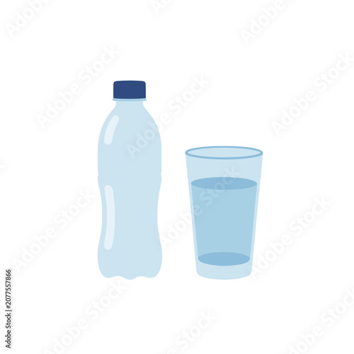 Water Bottle and Glass Filled with Liquid, Isolated Vector Illustration for Health or Hydration Concept
