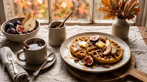 A cozy autumn breakfast featuring delicious homemade pumpkin waffles served on a ceramic plate, topped with melted butter, maple syrup, pecan nuts, fresh figs, and pear slices