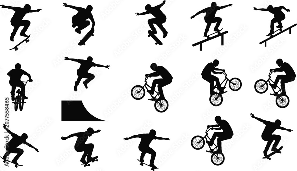 Obraz premium Skateboard, silhouette, bmx, collection, of, extreme, sports, athletes, jumping, riding, doing, tricks, vectors, set, isolated, on, white, background, design, graphic