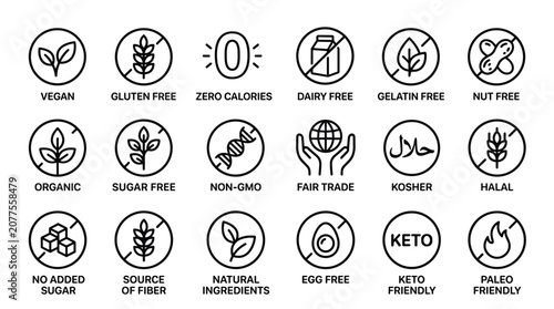 Fotografie Food label and diet icon set featuring vegan gluten free dairy free organic non gmo keto paleo kosher and allergen free symbols for packaging design systems