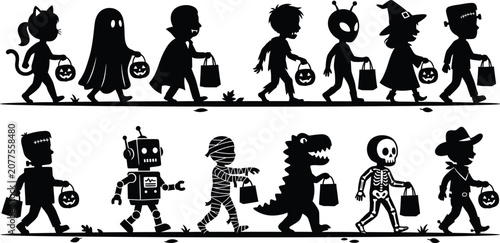 A festive collection of children in diverse Halloween costumes walking in a line, silhouette style illustration featuring classic spooky characters and fun themed trick or treaters.