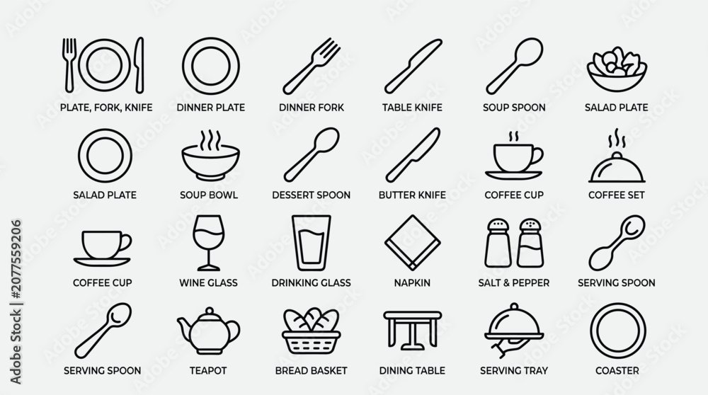 Naklejka premium Kitchenware set line icon collection featuring essential dining table items and cooking utensils designed for minimalist culinary branding and restaurant menus.