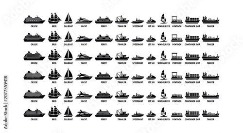 Fotografía Collection Of Maritime Vessels Flat Vector Illustration
