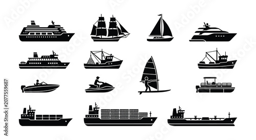 Fotografía Collection Of Maritime Vessels Flat Vector Illustration