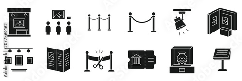 Quadro su tela Exhibition solid icons set featuring art gallery elements, museum display booth, grand opening ribbon, stanchion barrier, spotlights, brochure, ticket and podium vector illustration