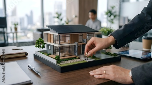 Real Estate Agent Places Miniature House on Office Desk with Blurred Background