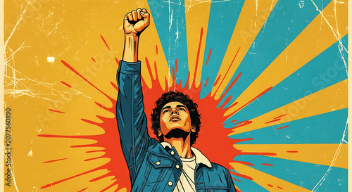 Man with fist up in pop art style