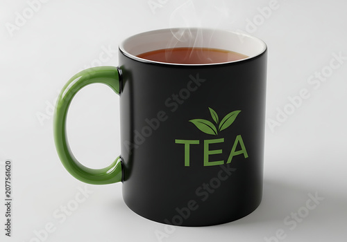 Black mug with tea and green leaf logo