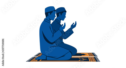 Fotografija Two muslim men praying on a rug blue silhouette