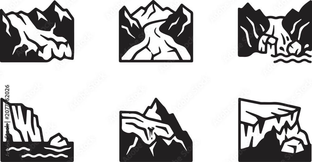 Fototapeta premium Black and white mountain and waterfall vector icons set Vector