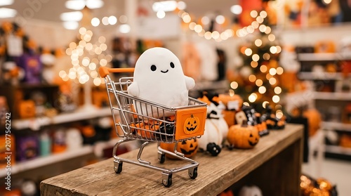 Cute ghost plushie sitting in a miniature shopping cart in a store