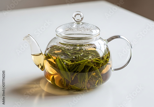 Clear glass teapot filled with fresh green tea leaves