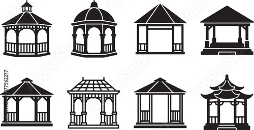 Foto Eight elegant gazebo designs in black and white vector style Vector