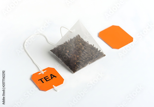 Tea bag with orange tag and string