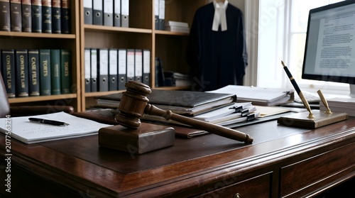 Lawyer's Desk with Gavel and Bookshelves - Legal Office Scene