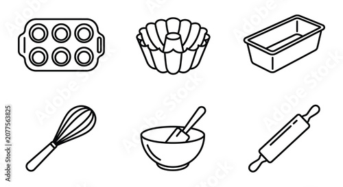 Photos Baking equipment vector illustration with cake pan muffin tin and measuring cups
