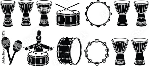 Cuadro en lienzo Collection of drum silhouettes including djembe snare tambourine and maracas wit