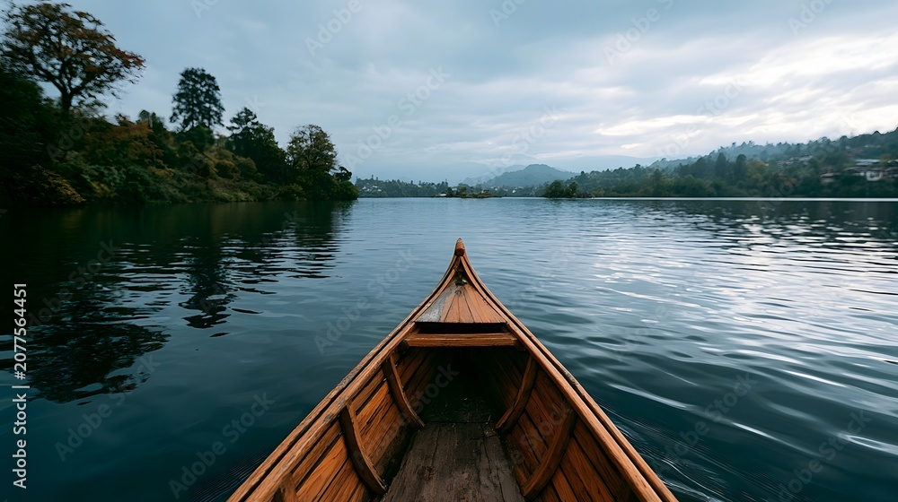 Fototapeta premium A gondola ride glides across a calm lake showcasing intricate details against a peaceful natural backdrop