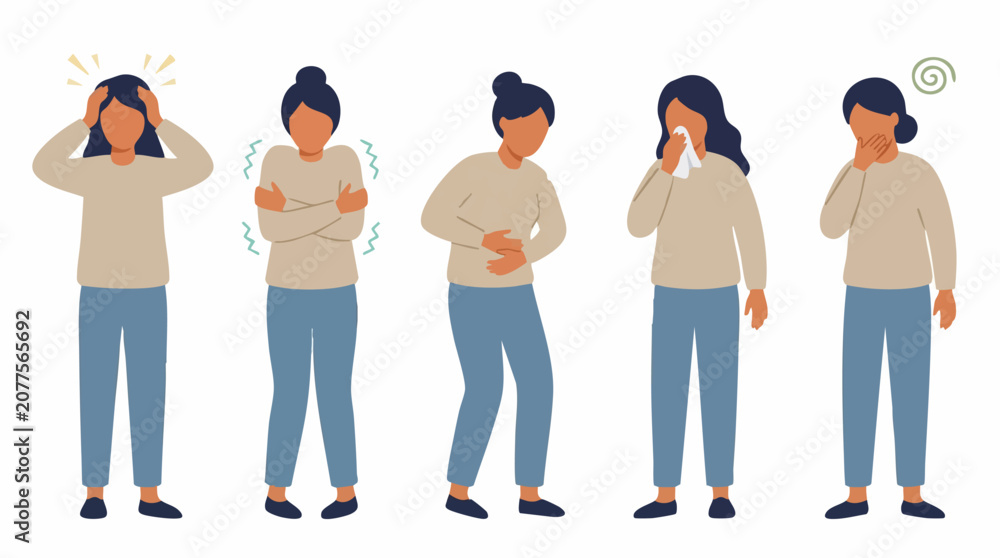 Obraz premium Woman experiencing various health problems, sickness, and illness symptoms