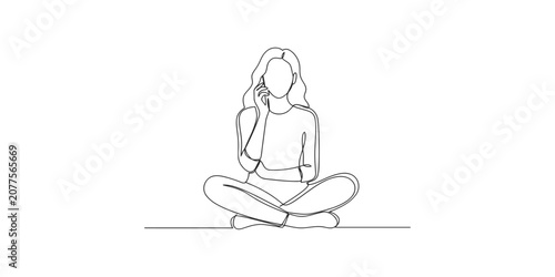 Continuous single line drawing of a young woman sitting on the floor and talking on a mobile phone