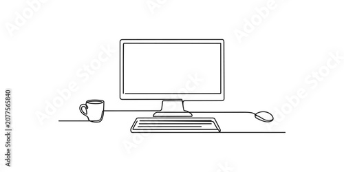 Continuous single line drawing of a computer monitor with a keyboard and a coffee cup on a desk