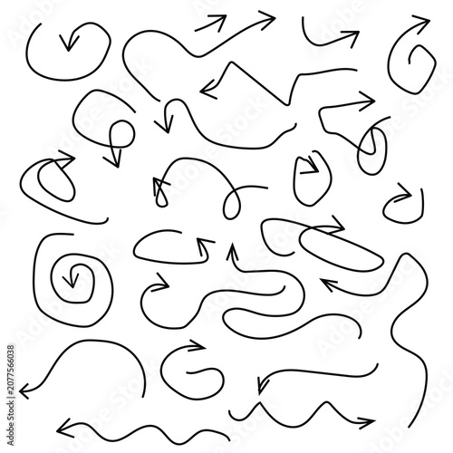 Vector set of hand drawn doodle arrows, sketched black curved pointers isolated on white