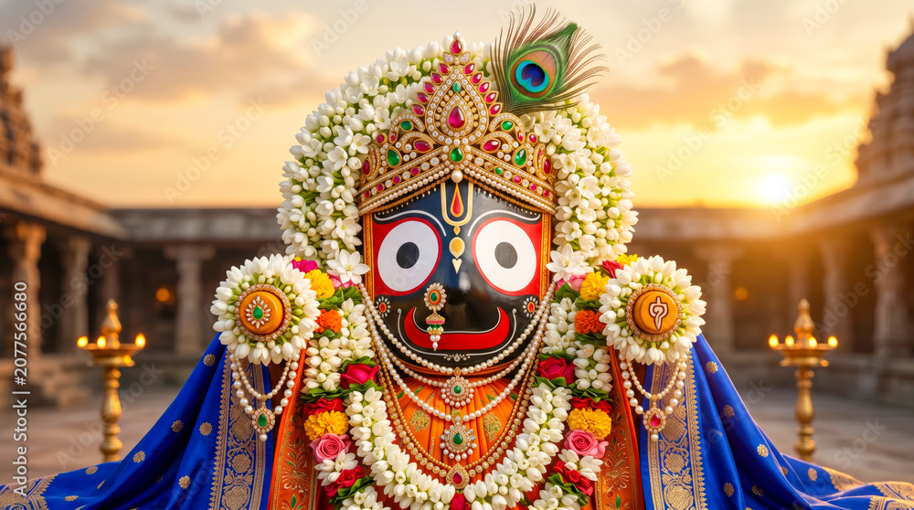 Fototapeta premium Sacred Lord Jagannath Idol Decorated with Beli Flower Garlands and Traditional Temple Ornaments
