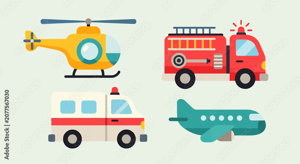 Naklejka premium Set of element vector illustration collection of transport icons including firetruck helicopter plane and ambulance automobile road traffic symbol design