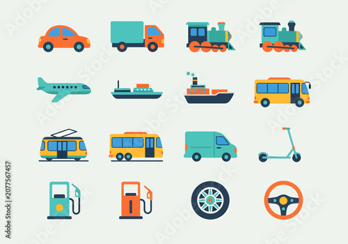 Foto Transportation Icons Set with Car Truck Bus Train Taxi Van and Cargo Vehicle Vec