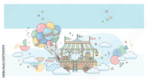 Tablou pe pânză A cute bear drives a whimsical flying carriage held aloft by a large bunch of colorful balloons through a sky filled with soft clouds