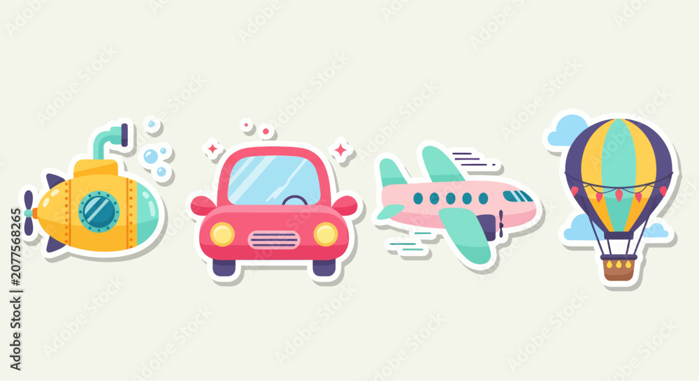 Naklejka premium Vector Illustration Set of Cartoon Transportation Vehicles with Submarine, Car, Plane, Air Balloon. Road Travel Icons Toy Automobile Design and Abstract Background