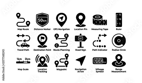 Tableau sur toile Distance Measurement Glyph Icons Collection Navigation And Route Vector Set