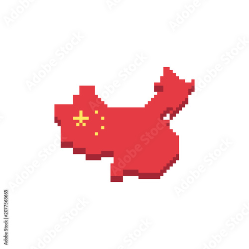 Pixel art map of China featuring the national flag. Retro 8-bit country silhouette isolated on a white background, travel, geography, education, games, and creative design projects.
