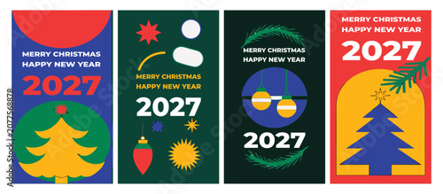 Foto Abstract geometric Merry Christmas and Happy New Year 2027 card template pack with minimalist holiday tree, hanging ornaments, and Bauhaus style shapes