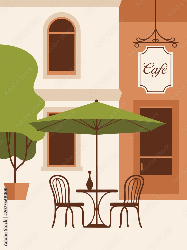 Fototapeta premium Charming outdoor cafe features a green umbrella shading a small table with two chairs outside