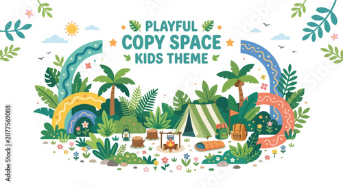 Tableau sur toile A playful kids-themed vector illustration features a vibrant jungle campsite with a tent, campfire, palm trees, and colorful decorative arches