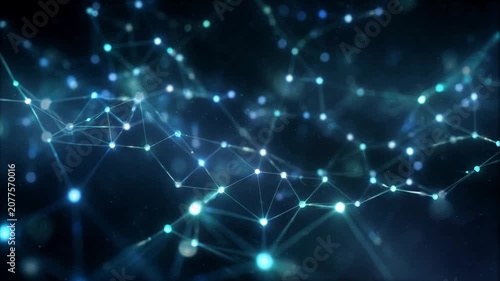 Glowing blue particles and nodes connecting in a complex web structure, representing futuristic concepts like technology, big data, communication, and artificial intelligence on a dark background
