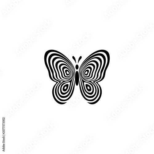 A stylized black and white butterfly illustration featuring a hypnotic optical illusion concentric line pattern
