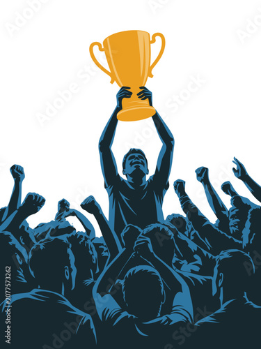 Cheering crowd celebrates a major victory as a man proudly lifts a golden trophy high