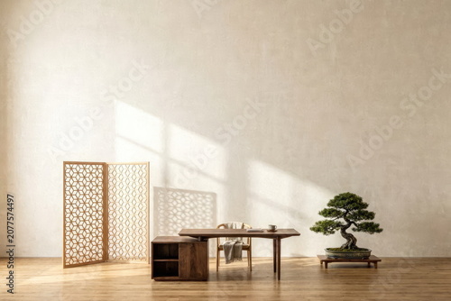 Japandi Workspace Asanoha Pattern Blank Wall Copy Space
