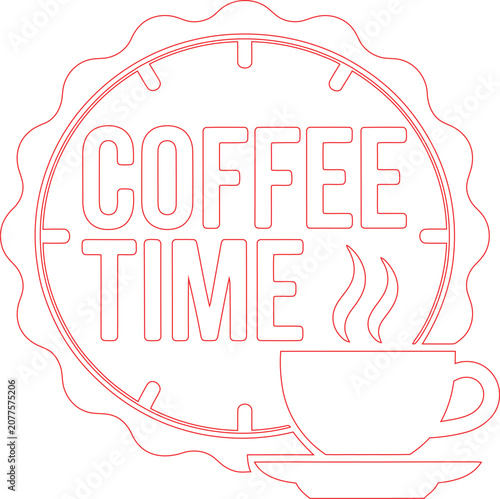 Circular red outline badge with steaming coffee cup and COFFEE TIME text inside