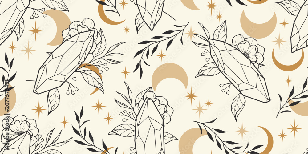 Fototapeta premium Magic art seamless pattern of crystals, leaves, stars and crescent moon. Simple style