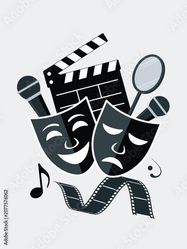 Classic comedy and tragedy masks alongside film, music, and performing arts elements