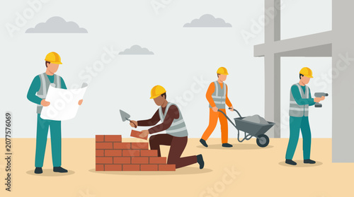 Photos Illustration of construction workers actively engaged in building a new structur