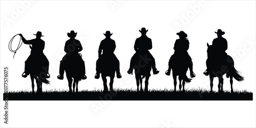 Billede på lærred Cowboys Riding Horses Silhouettes in Grassy Field untitled