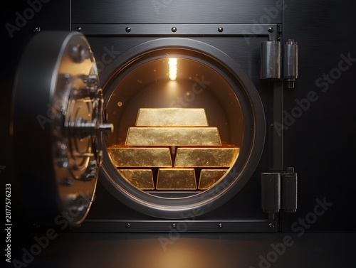 Open vault revealing stacked gold bars illuminated by a spotlight.