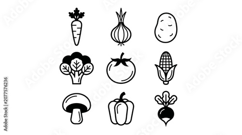 Vegetables icons in black and white.