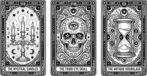 Funny skeleton halloween tarot card illustrations mystical occult symbols