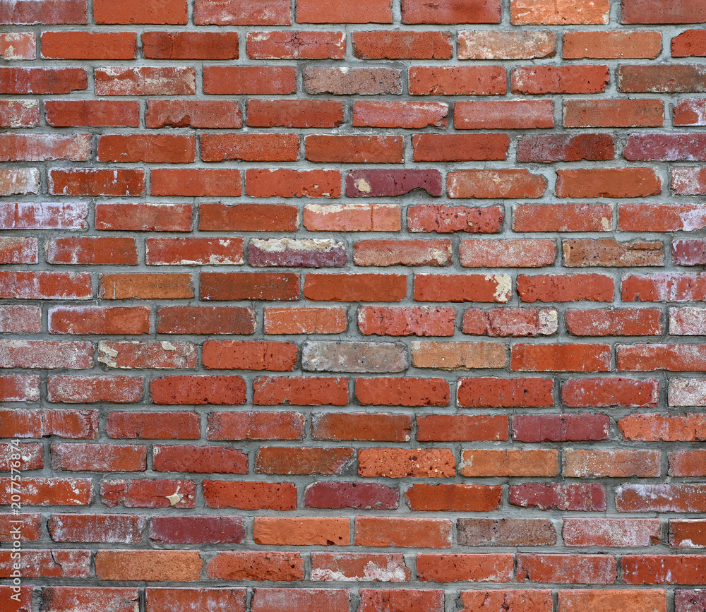 Fototapeta premium Horizontal close up of a reclaimed red brick and mortar wall surface with worn chipped cracked bricks, porous uneven mortar, weathering signs, water spots, and white deposits